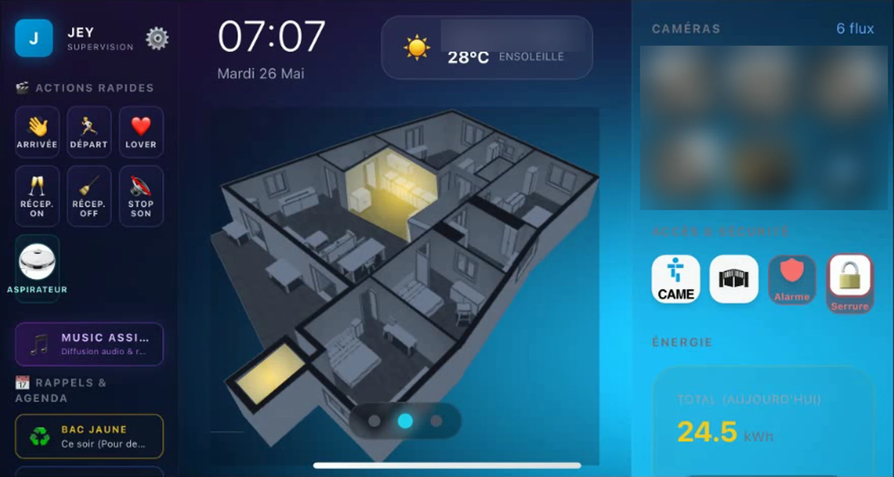 Écran d'accueil de JEY Supervision : plan 3D de la maison, caméras, accès et énergie